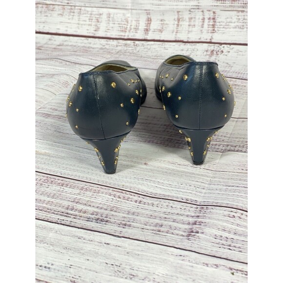 Vintage 80s Stuart Weitzman Navy Leather Gold Studded Kitten Heels Womens Sz 7.5 - Picture 4 of 6